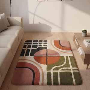Modern Geometric Handmade Tufted Rug – Retro Orange & Mustard Yellow Accent Carpet