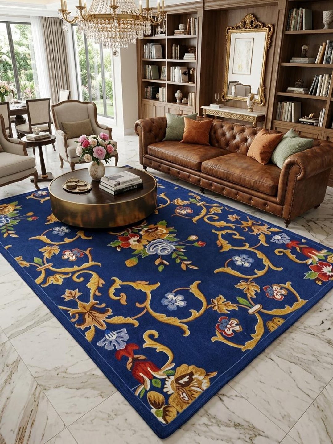 Handmade Tufted Floral Area Rug Blue Flatweave Wool Carpet Boho Living ...