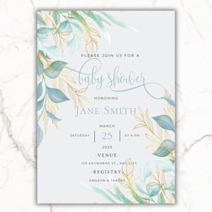 Green & Gold Neutral Leaves Baby Shower Invitation