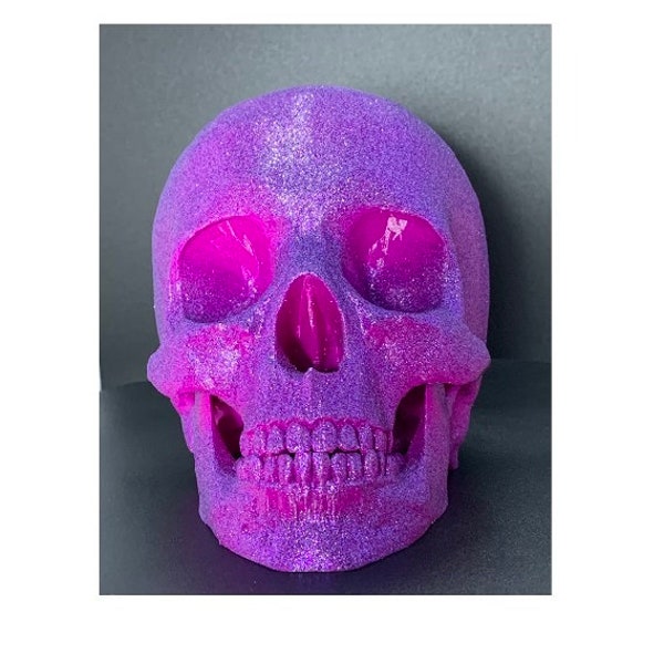 3D Printed Human Glitter Sparkle Skull Statue - Custom Art - Skull - Custom Halloween Decor -Custom Painted Skull - 3D Decoration - Purple