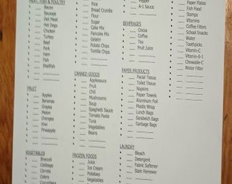 Könnte beinhalten: Eine weiße Checkliste mit schwarzem Text, die verschiedene Lebensmittel und Haushaltsartikel auflistet. Die Liste ist in Kategorien wie Milchprodukte, Brot, Trockenwaren, Getränke, Konserven, Papierprodukte, Wäsche, Küche, Badezimmer und Sonstiges geordnet.