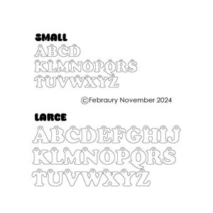 Może przedstawiać: Czarno-biały obraz przedstawiający dwa zestawy alfabetu, od A do Z, w pogrubionym, zaokrąglonym kroju pisma. Górny zestaw jest oznaczony jako "SMALL", a dolny jako "LARGE". ©Febraury November 2024
