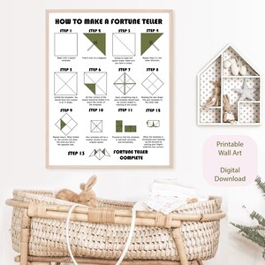 Puede incluir: Instrucciones de arte de pared imprimibles para hacer un adivino. Las instrucciones est&aacute;n en un marco blanco con fondo verde y muestran una serie de 15 pasos con ilustraciones. El texto dice "C&oacute;mo hacer un adivino".