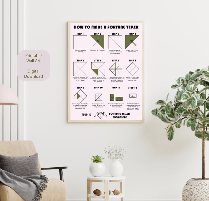 Puede incluir: Un p&oacute;ster de arte de pared imprimible con instrucciones sobre c&oacute;mo hacer un adivino. El p&oacute;ster tiene un esquema de color verde y blanco y muestra 13 pasos con ilustraciones.