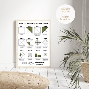 Puede incluir: Un dise&ntilde;o de arte de pared imprimible con instrucciones sobre c&oacute;mo hacer un adivino. El dise&ntilde;o presenta un fondo blanco con texto negro e ilustraciones de los pasos involucrados en el plegado de un cuadrado de papel en un adivino.