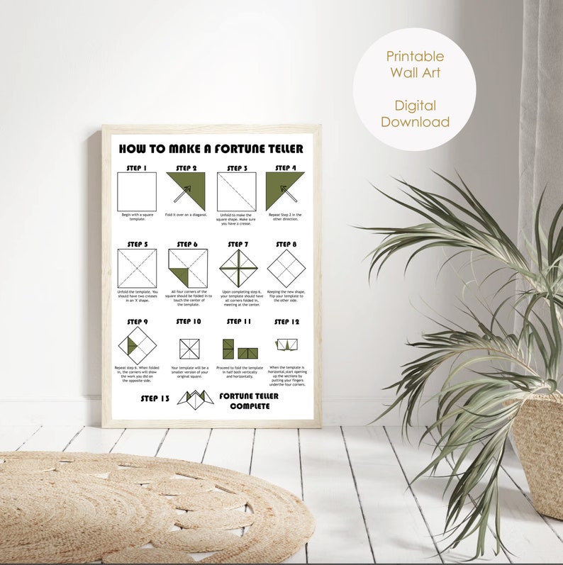 Puede incluir: Un dise&ntilde;o de arte de pared imprimible con instrucciones sobre c&oacute;mo hacer un adivino. El dise&ntilde;o presenta un fondo blanco con texto negro e ilustraciones de los pasos involucrados en el plegado de un cuadrado de papel en un adivino.