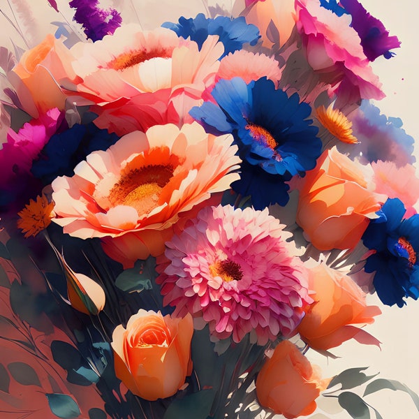 Watercolor Flower Bouquet - AI Digital Art - Purple, Blue, Pink, Orange, Salmon - Tan Background - Canvas Print