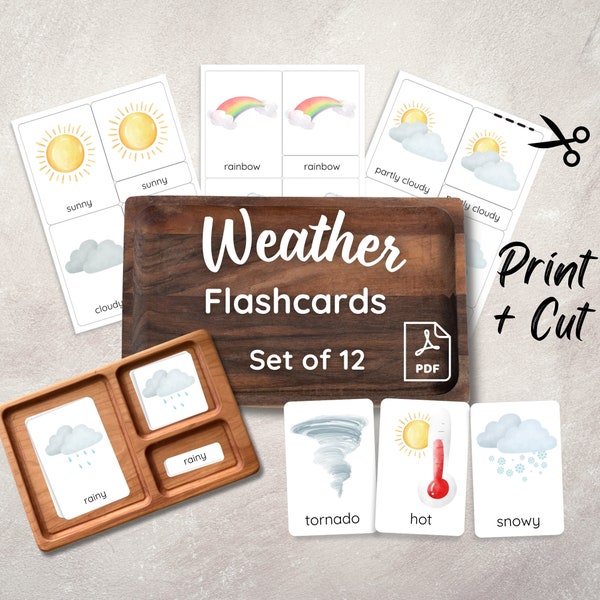 Weather Flash Cards, Toddler Watercolor Educational Flashcards Printable Homeschool Preschool Montessori Material 3 Part Nomenclature Cards