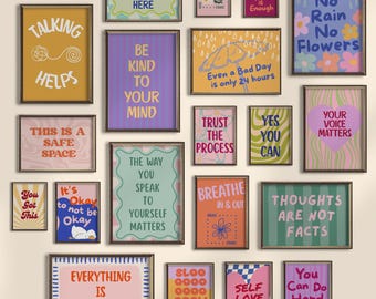 Conjunto de 20 impresiones de arte de pared de terapia y asesoramiento, decoración de oficina de consejeros escolares, letreros imprimibles de salud mental para niños, carteles con citas de psicología infantil