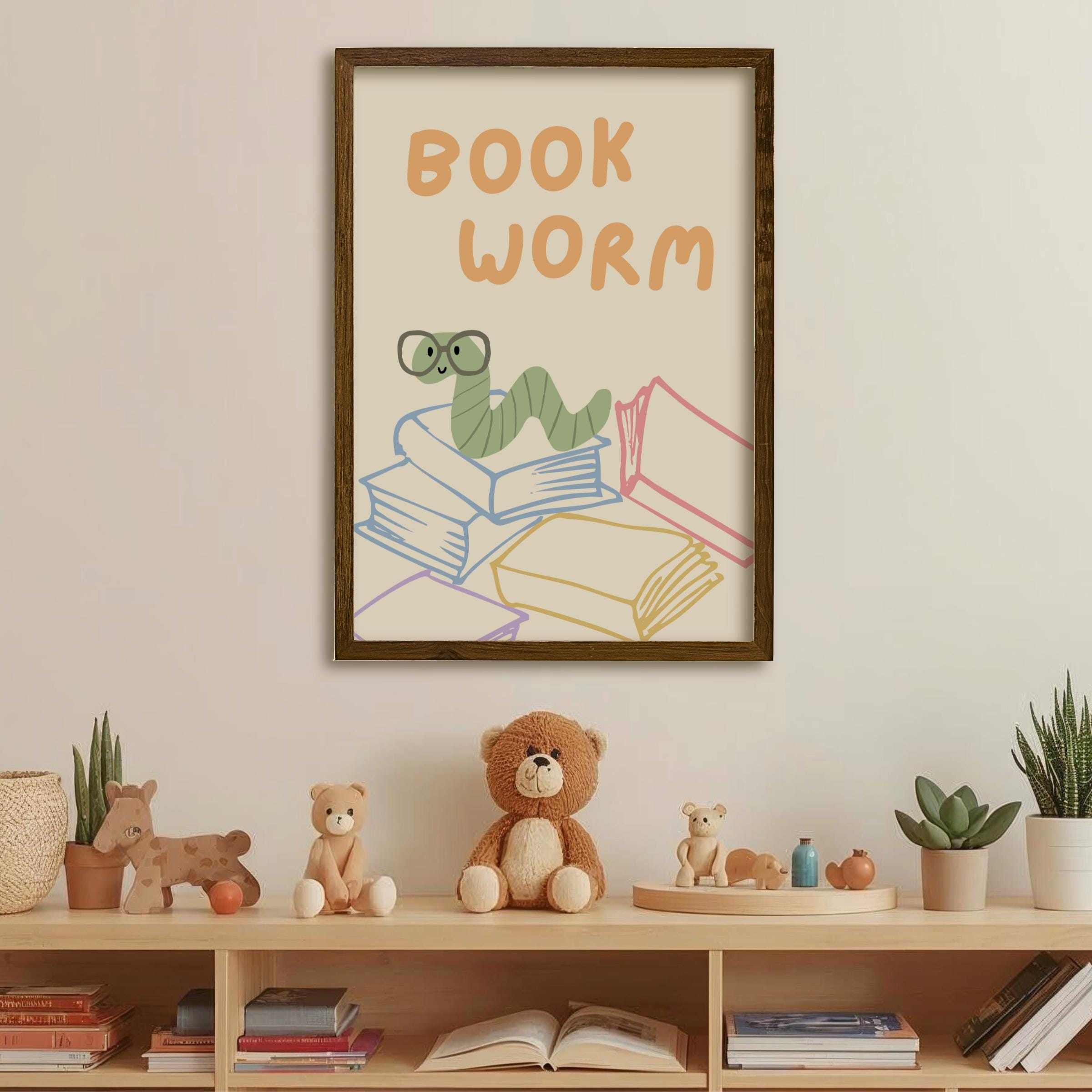 Hand-drawn Bookworm Wall Art Reading Corner Poster Story Time Print ...