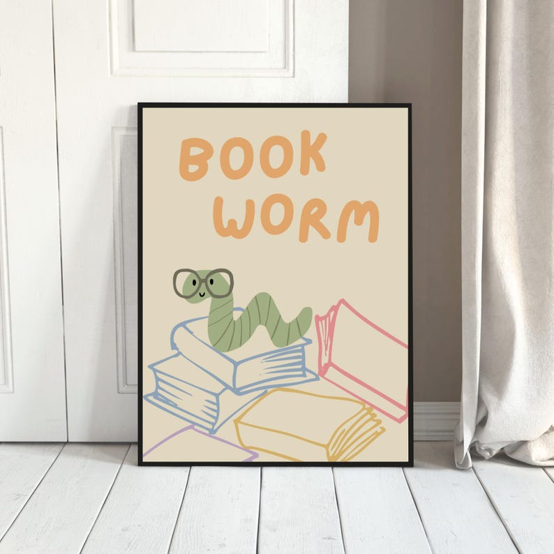 Hand-drawn Bookworm Wall Art Reading Corner Poster Story Time Print ...