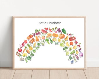 Póster de frutas y verduras para comer un arcoíris, impresión para sala de juegos infantil, arte de pared imprimible, comida saludable, nutrición, aula, educación, cocina, obra de arte