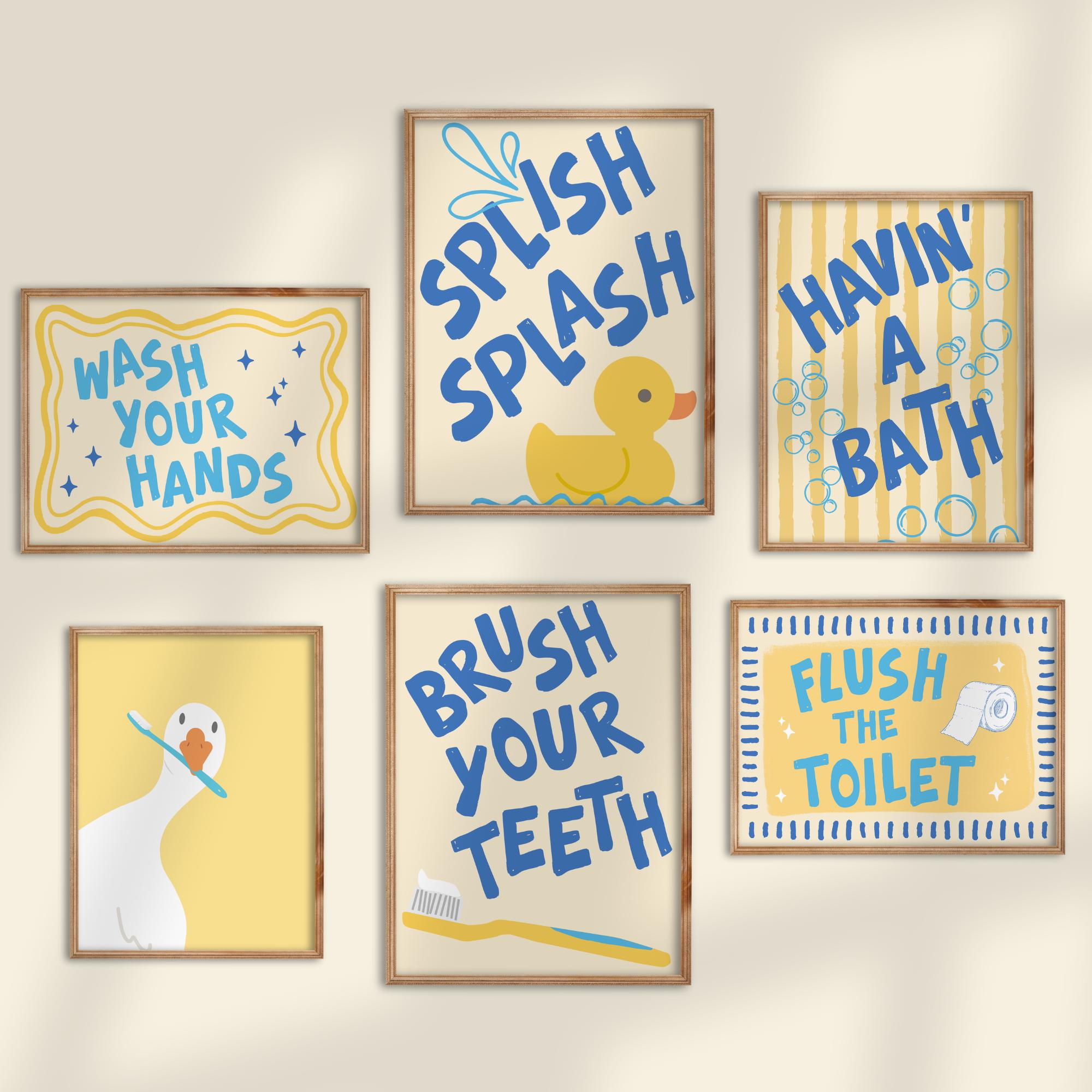 Bathroom Print Set of 60 Hand Drawn Kids Washroom Wall Decor Rubber ...