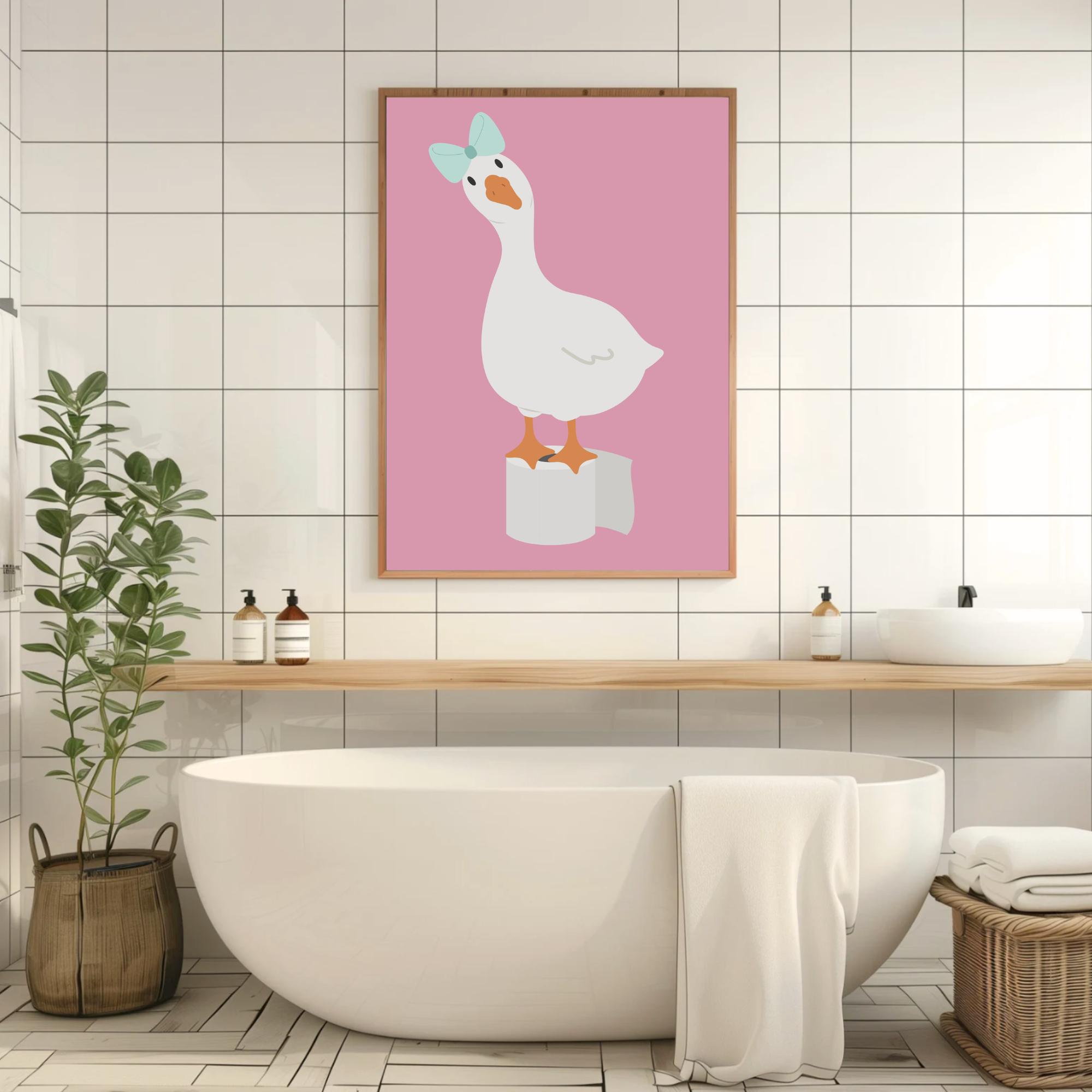 Silly Goose on Toilet Paper Roll Print Pink Bathroom Wall Art Cute ...