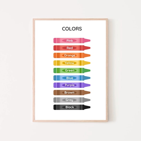 Farben Lernposter, Buntstift Farben Druck, Kinder Spielzimmer Wandkunst, Regenbogen Klassenzimmer Dekor, Montessori homeschool, Vorschule druckbar