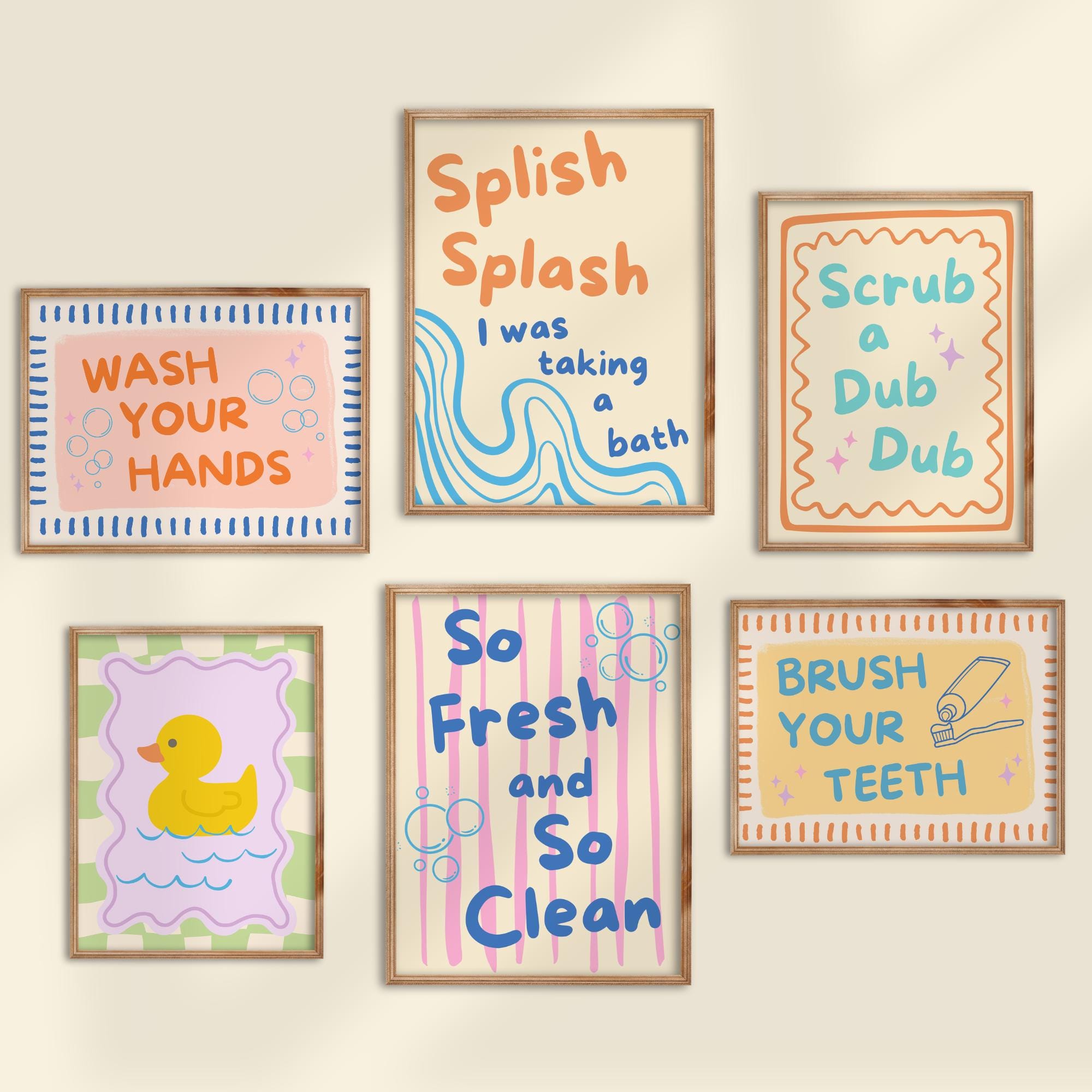 Bathroom Print Set of 60 Hand Drawn Kids Washroom Wall Decor Rubber ...