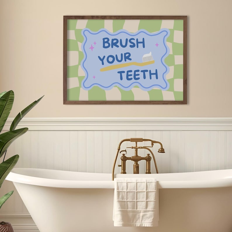 Brush Your Teeth Sign Bathroom Wall Art Cute Kids Washroom Decor ...