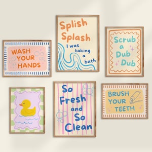 Bathroom Print Set of 6 Splish Splash Scrub A Dub Dub So Fresh And Clean Rubber Duck Kids Bath Decor Children Wall Art Printable Poster Sign