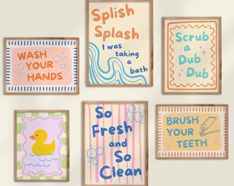 Bathroom Print Set of 6 Splish Splash Scrub A Dub Dub So Fresh And Clean Rubber Duck Kids Bath Decor Children Wall Art Printable Poster Sign