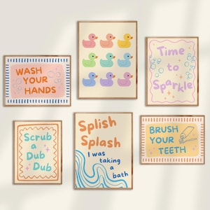 Bathroom Wall Art Set of 6 Printable Posters Fun Rubber Duck Wash Your Hands Sign Splish Splash Scrub A Dub Dub Cute Kids Bath Decor Prints