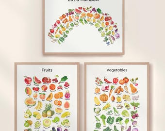 Fruits Vegetables Educational Posters Set of 3 Eat The Rainbow Watercolor Food Prints Montessori Homeschool Toddler Room Kitchen Printables