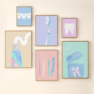 Set van 6 prints voor aan de muur in de tandartspraktijk. Decoratie voor de tandartspraktijk, galerij met afbeeldingen van mondhygiënisten, tandenborstel, tandpasta en flosdraad. Printbare poster.