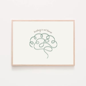 May include: A framed print with a light green brain-shaped line drawing and the text "healing is not linear".