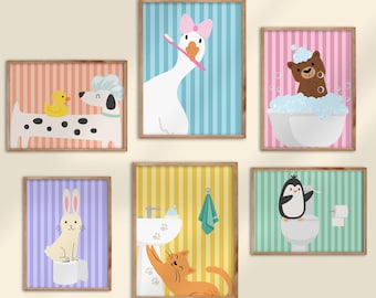 May include: Set of six framed art prints featuring cartoon animals in bathroom settings. Includes a Dalmatian with a rubber duck, a goose brushing its teeth, a bear in a bathtub, a rabbit on a toilet paper roll, a cat by a sink, and a penguin on a toilet.
