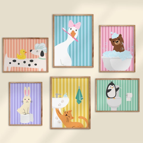 Bathroom Animals Print Set of 6 Whimsical Playful Kids Washroom Wall Art Colorful Printable Bath Time Gallery Posters Restroom Decor