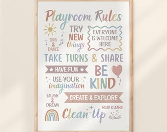Playroom Rules Sign Print Neutral Printable Kids Play Room Decor Preschool Toddler Daycare Wall Art Shared Bedroom Artwork Poster