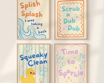 Splish Splash Scrub A Dub Dub Squeaky Clean Rubber Duck Bathroom Print Wall Art Set of 4 Bathtub Washroom Decor Cute Printable Kid Bath Sign