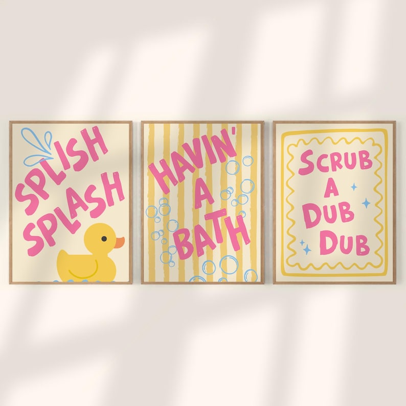 Splish Splash Rubber Duck Bathroom Print Set Kids Bathtub Wall Art Sign ...