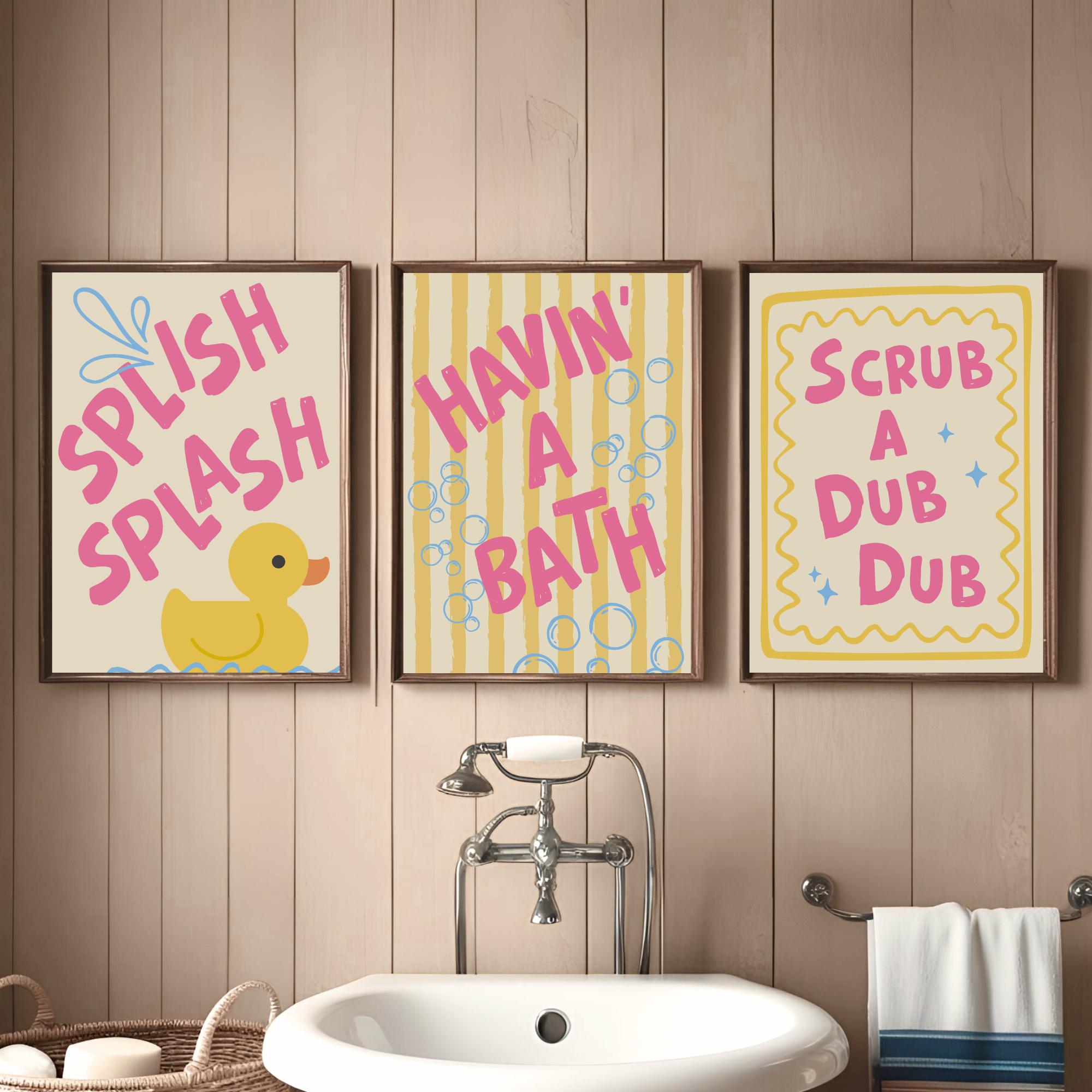 Splish Splash Rubber Duck Bathroom Print Set Kids Bathtub Wall Art Sign ...