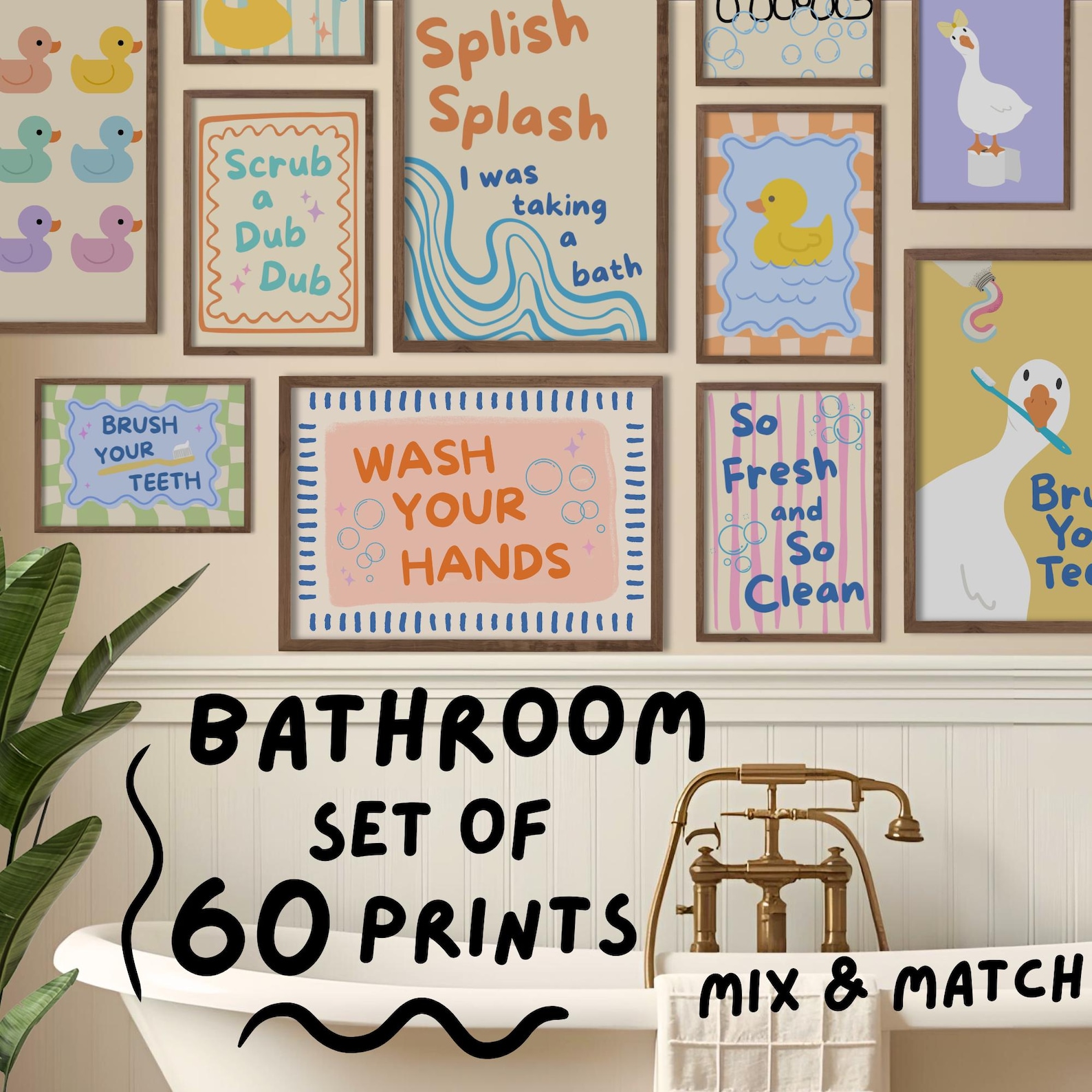 Bathroom Print Set of 60 Hand Drawn Kids Washroom Wall Decor Rubber ...