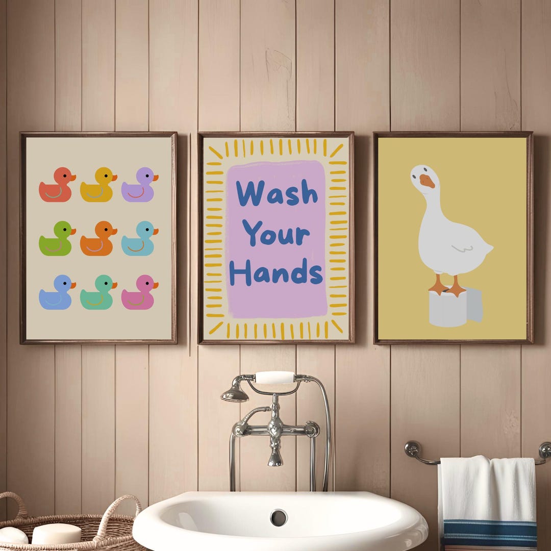 Set of 3 Bathroom Duck Prints Wash Your Hands Sign Colorful Rubber ...