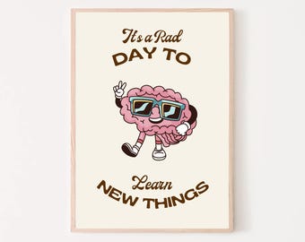 Retro Brain Character Print fun cartoon mascot learning poster classroom wall art 80s vintage cute trendy homeschool decor digital printable
