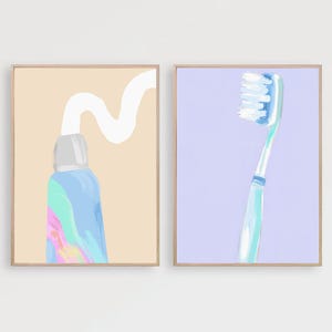 Juego de 2 impresiones artísticas de pared para dentistas, impresiones artísticas de odontología, decoración moderna para consultorio dental, cepillo de dientes, pasta de dientes, higiene, baño.