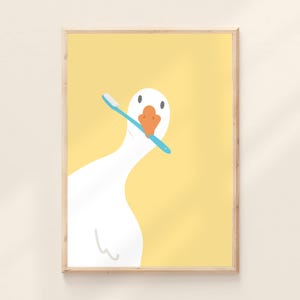 Silly Goose Yellow Bathroom Toothbrush Print Cute Kids Washroom Wall Art Funny Restroom Poster Tooth Brush Teeth Children Dental Printable