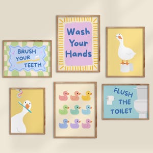 Juego de 6 carteles de baño con diseño de patos para niños, imprimibles, para la hora del baño, decoración de pared con patitos de goma, bonito letrero recordatorio para lavarse las manos y tirar de la cadena.
