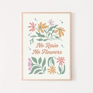 Puede incluir: Una impresión enmarcada con fondo blanco y un diseño floral en tonos rosa, naranja y verde. El texto "No Rain No Flowers" está escrito en letras cursivas naranjas.
