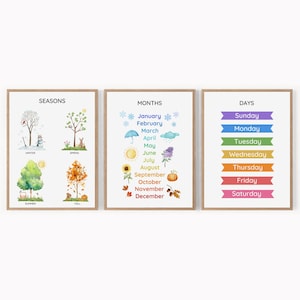 Conjunto de 3 carteles educativos con las estaciones, los meses y los días, para niños pequeños, para el aula, para la pared, para la educación en el hogar, para preescolar