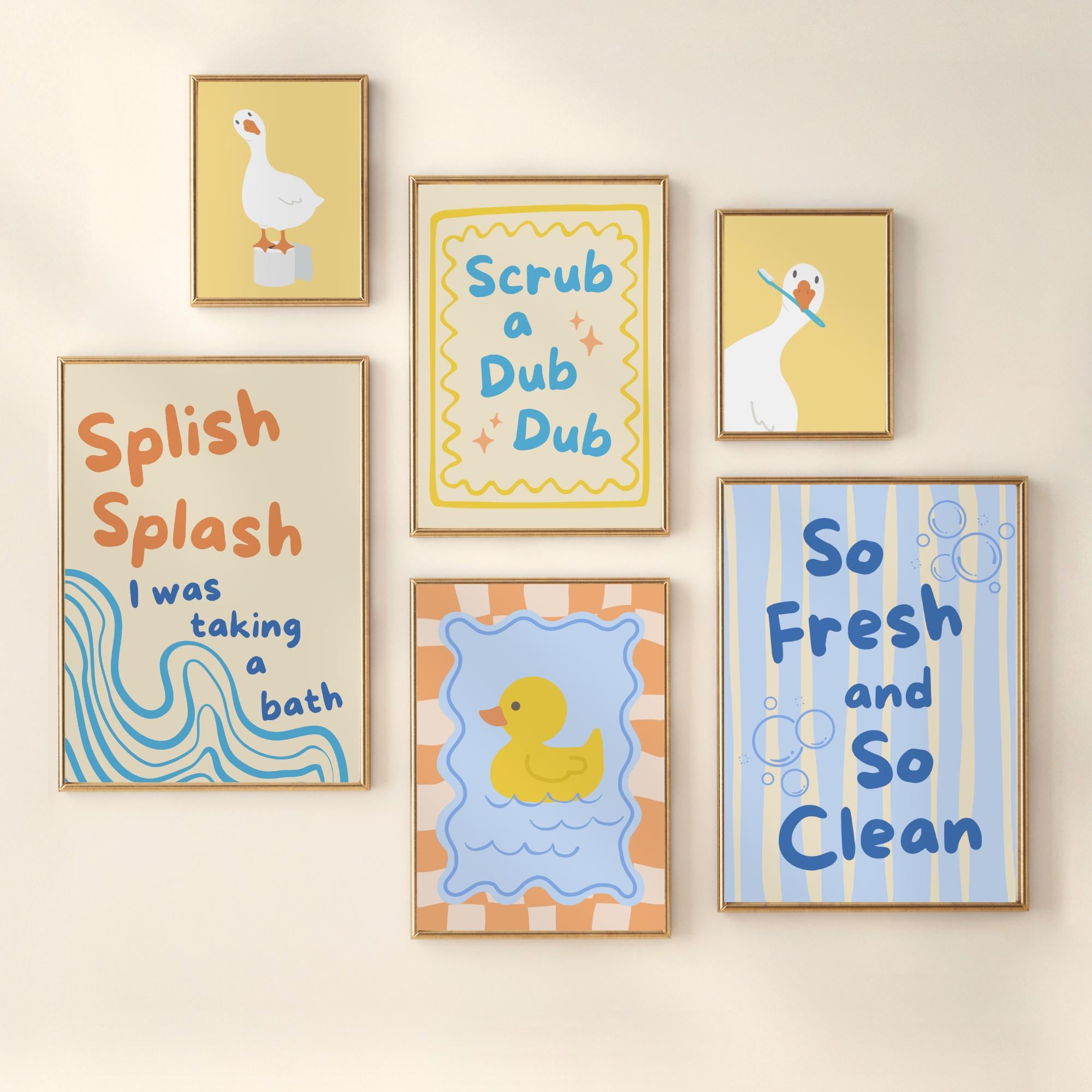 Bathroom Duck Art Set of 6 Rubber Ducky Prints Splish Splash Scrub A ...