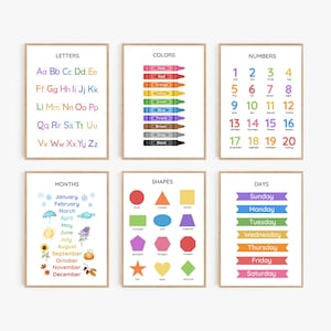 Ensemble de 6 affiches éducatives pour enfants, salle de jeux, chiffres arc-en-ciel, impression ABC, Montessori, école à la maison, salle de classe, décoration murale, apprentissage des tout-petits, préscolaire