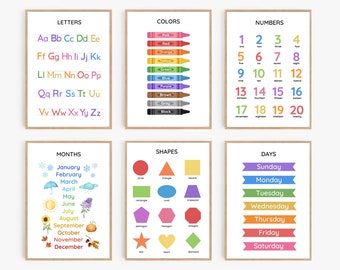 Educational Posters Set of 6 Kids Art Playroom Rainbow Numbers ABC Print Montessori Homeschool Classroom Wall Decor Pre-K Toddler Learning