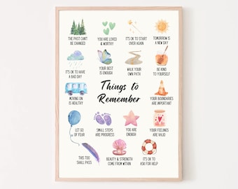 May include: A watercolor illustration with a white background and a light brown frame. The illustration features a variety of colorful images and text, including a butterfly, a heart, a sun, a cloud, a bus, a footprint, a star, a jar, a feather, a seashell, and a life preserver. The text reads "Things to Remember" and includes phrases such as "You are loved & worthy", "It's ok to start over again", "Your best is enough", "Let go of fear", "Small steps are progress", "You are enough", "Your feelings are valid", "This too shall pass", "Beauty & strength come from within", and "It's ok to ask for help".