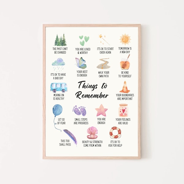 Things to Remember, mental health poster, self care reminder, therapy office decor, school counsellor, therapy tools, psychology art print