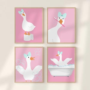 Pink Goose Bathroom Wall Art Set of 4 Printable Posters Cute Kids Washroom Decor Fun Restroom Prints Bathtub Toilet Paper Roll Toothbrush