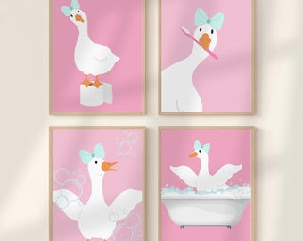 Pink Goose Bathroom Wall Art Set of 4 Printable Posters Cute Kids Washroom Decor Fun Restroom Prints Bathtub Toilet Paper Roll Toothbrush