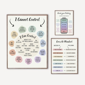 May include: A set of three framed motivational posters. The largest poster reads "I Cannot Control" and "I Can Control." The other posters focus on checking your battery and growth mindset. The posters have a neutral color palette.