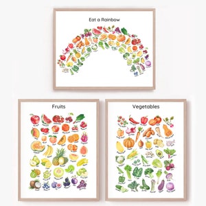 Fruit Groenten educatieve posters Set van 3 eet de regenboog aquarel voedsel prints Montessori homeschool peuter kamer keuken printables